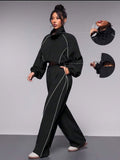 Casual Women's Color-Blocked Drawstring Sport Jacket and Pants Two-Piece Set