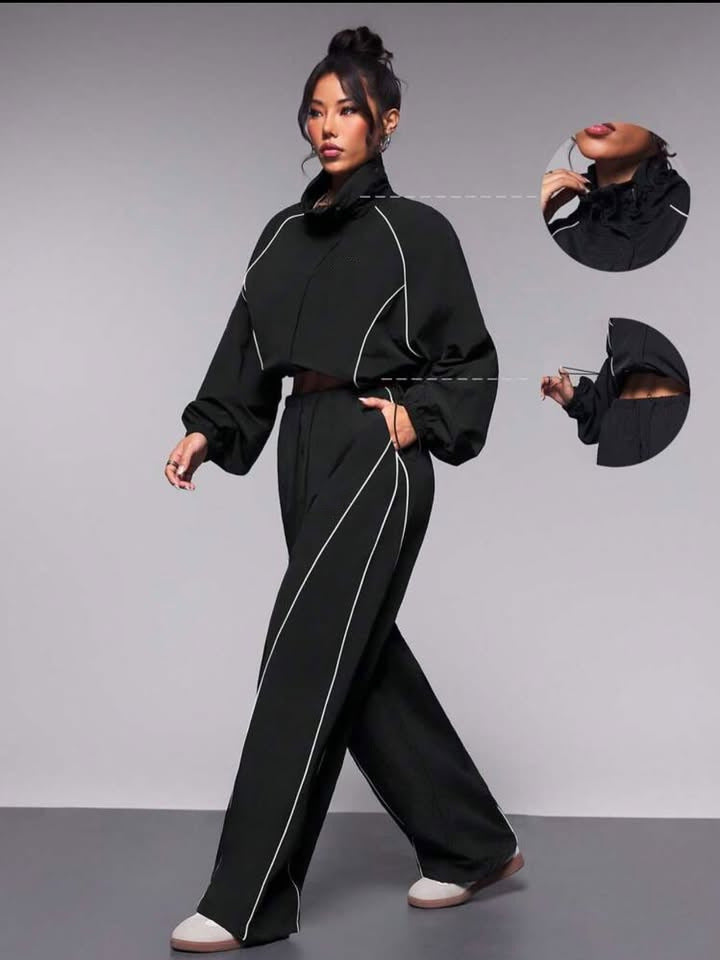 Casual Women's Color-Blocked Drawstring Sport Jacket and Pants Two-Piece Set