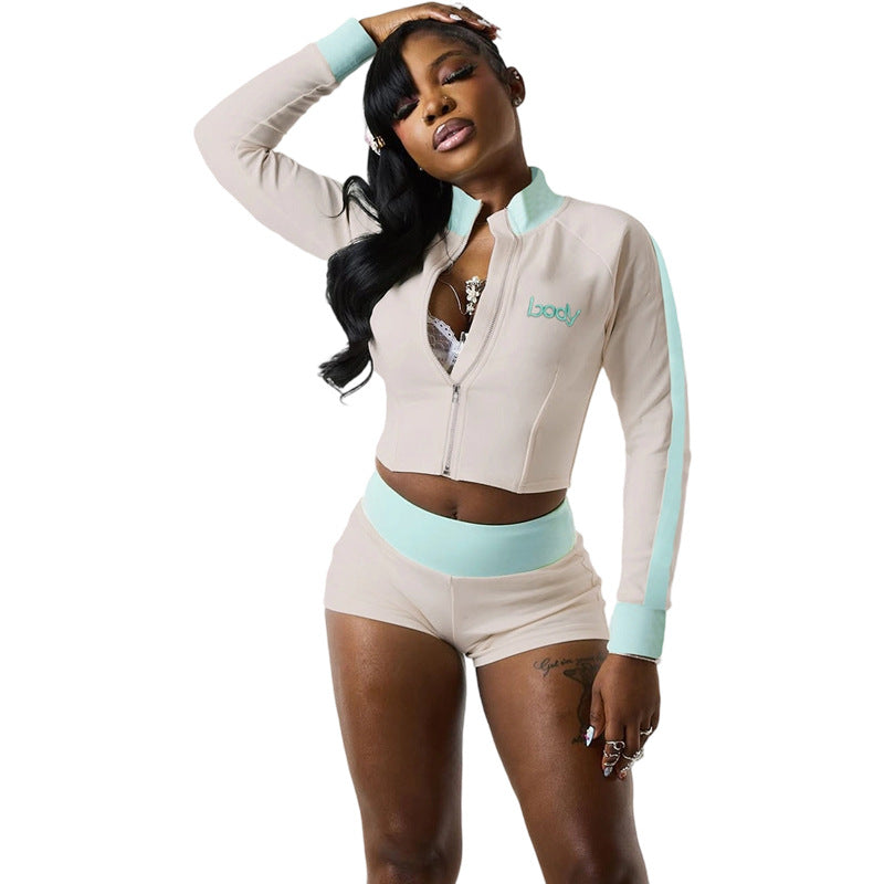 Fashionable Stand Collar  Letter Embroidery Zipper Tracksuit Shorts Set for Women