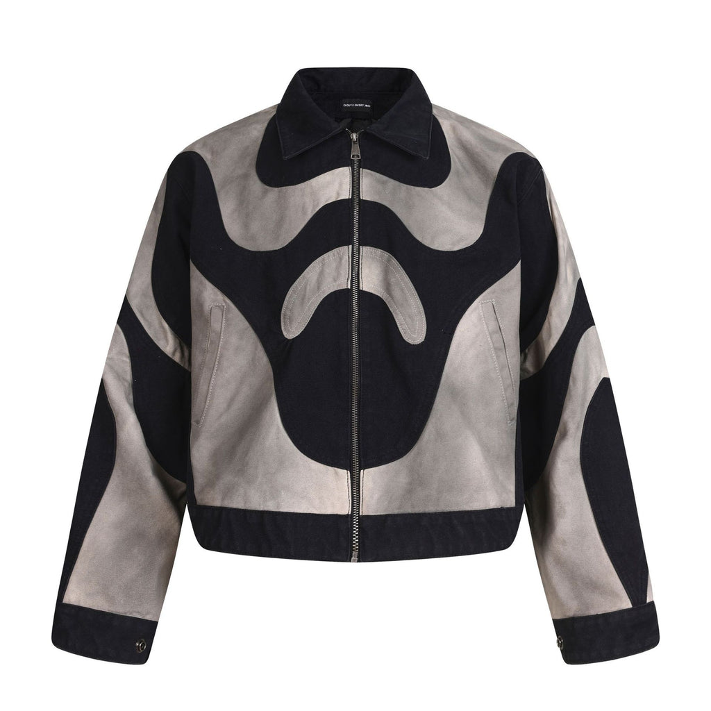 Abstract Wave Color Block Cargo Distressed Wash Short Jacket Unisex