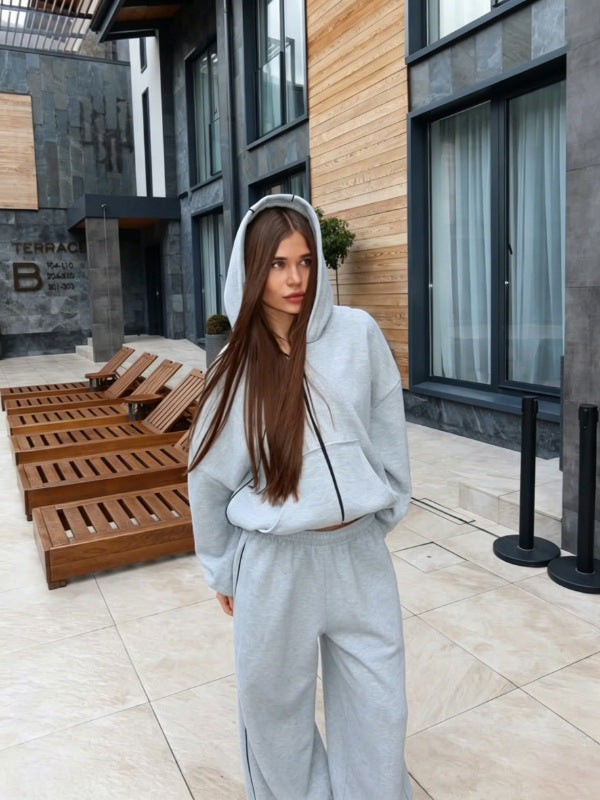 Line Color-block Hooded Zip-up Sweatshirt Set with Loose Straight-leg Pants Two-piece Women's Casual Outfit
