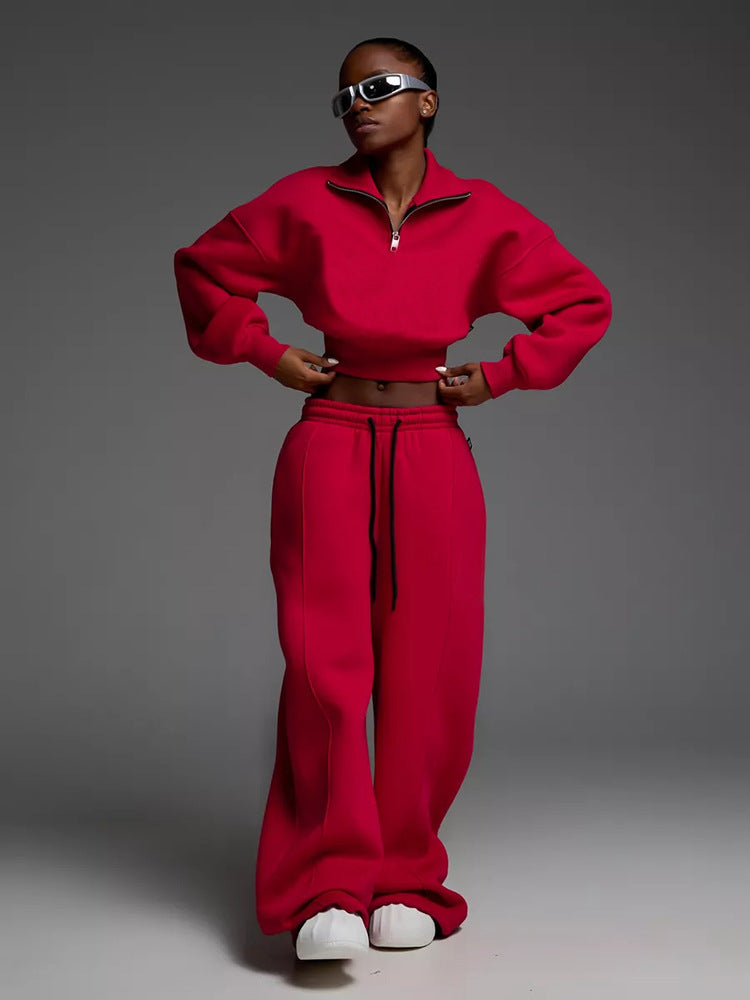 Long Sleeve Turn-Down Collar Waist-Cinched Hoodie with Tie Pants Two-Piece Set