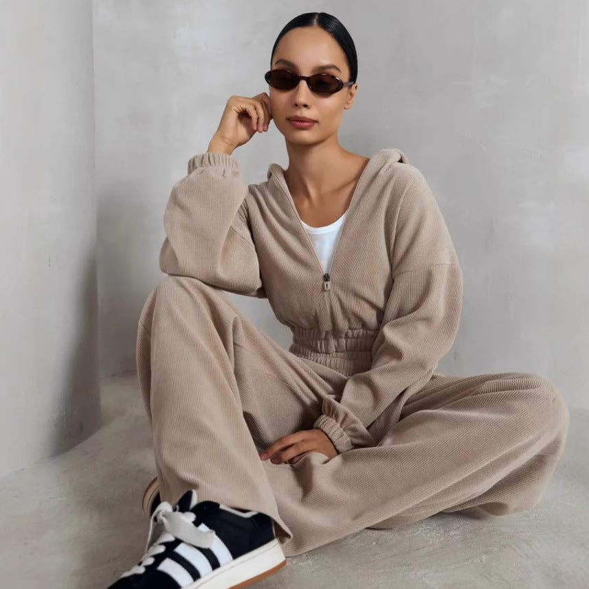 Women's Casual Set Solid Color Long Sleeve Hooded Zip-Up Sweatshirt Elastic Waist Wide Leg Pants