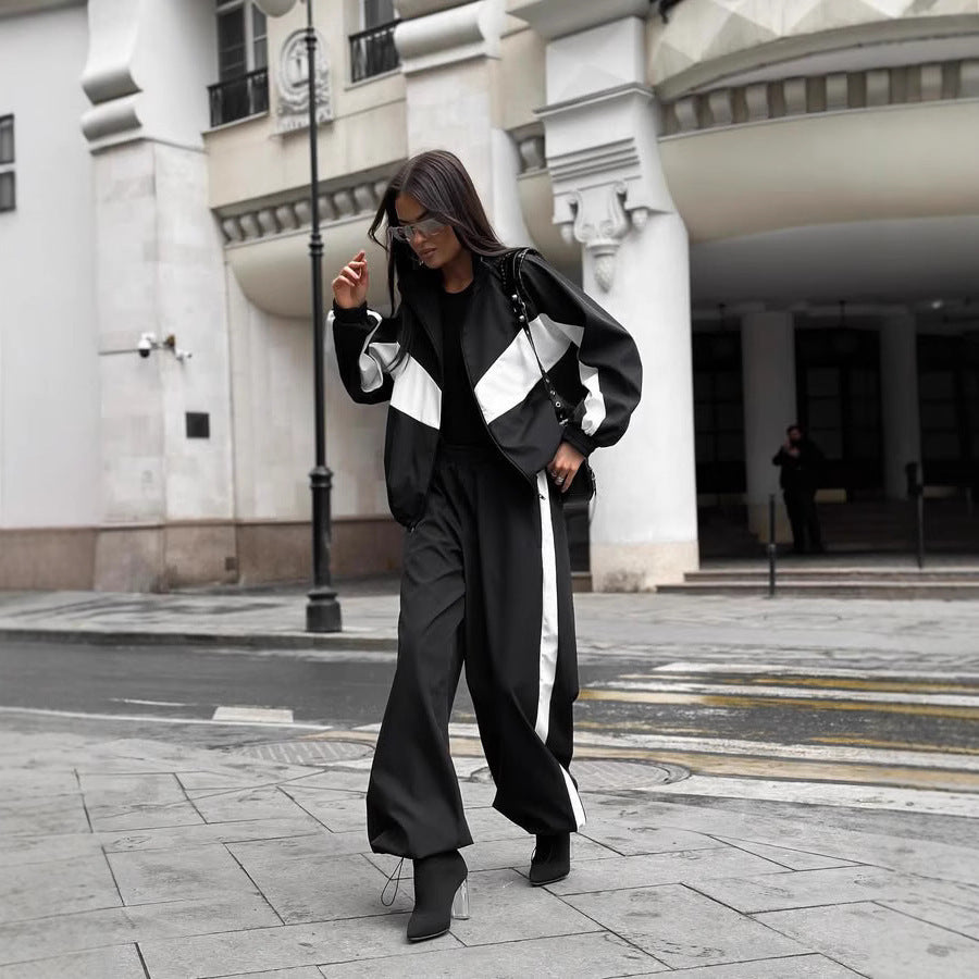 Women's Casual Outfit Loose Color-Block Long Sleeve Zip-Up Cardigan Color-Contrast Top and Pants Tracksuit