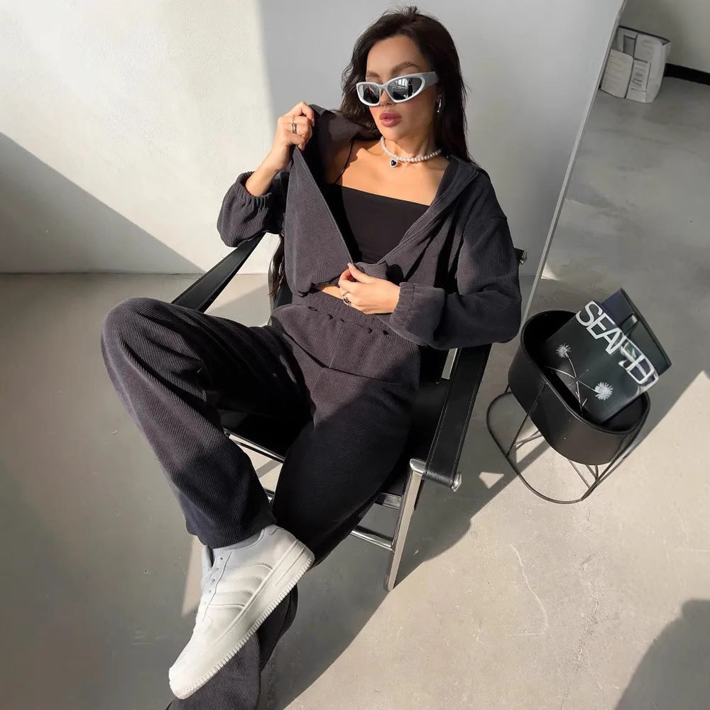 Women's Casual Set Solid Color Long Sleeve Hooded Zip-Up Sweatshirt Elastic Waist Wide Leg Pants