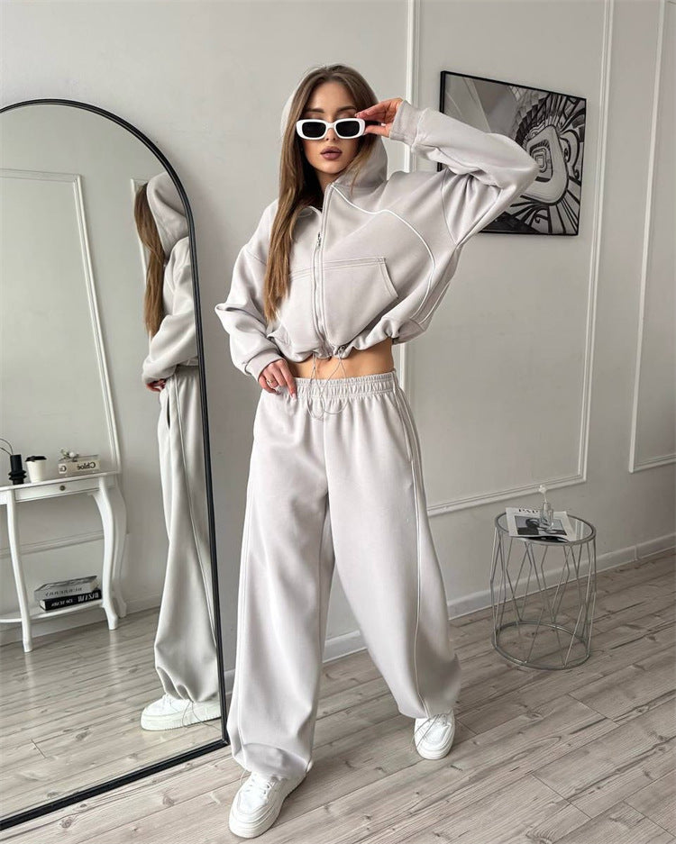 Casual Sport Women's Two-Piece Set Solid Color Long Sleeve Zip-Up Jacket Elastic Waist Long Pants