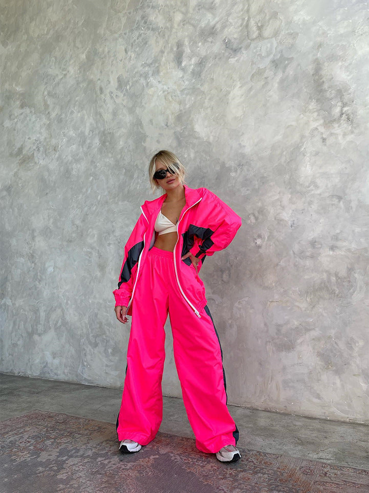 Women's  Loose Color-Block Long Sleeve Zip-Up Cardigan Color-Contrast Top and Pants Tracksuit