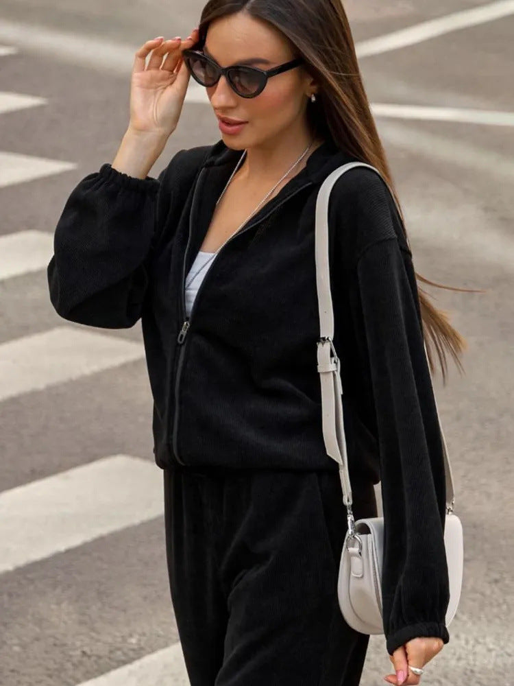 Women's Casual Set Solid Color Long Sleeve Hooded Zip-Up Sweatshirt Elastic Waist Wide Leg Pants