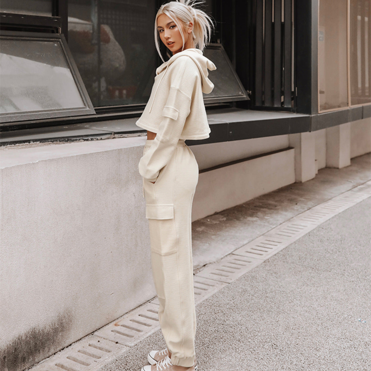 Casual Hooded Long Sleeve Pocket Tracksuit Set for Women