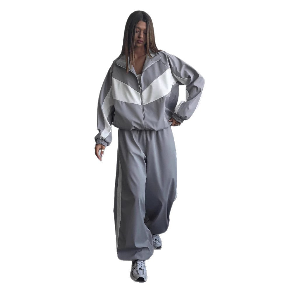 Women's Casual Outfit Loose Color-Block Long Sleeve Zip-Up Cardigan Color-Contrast Top and Pants Tracksuit