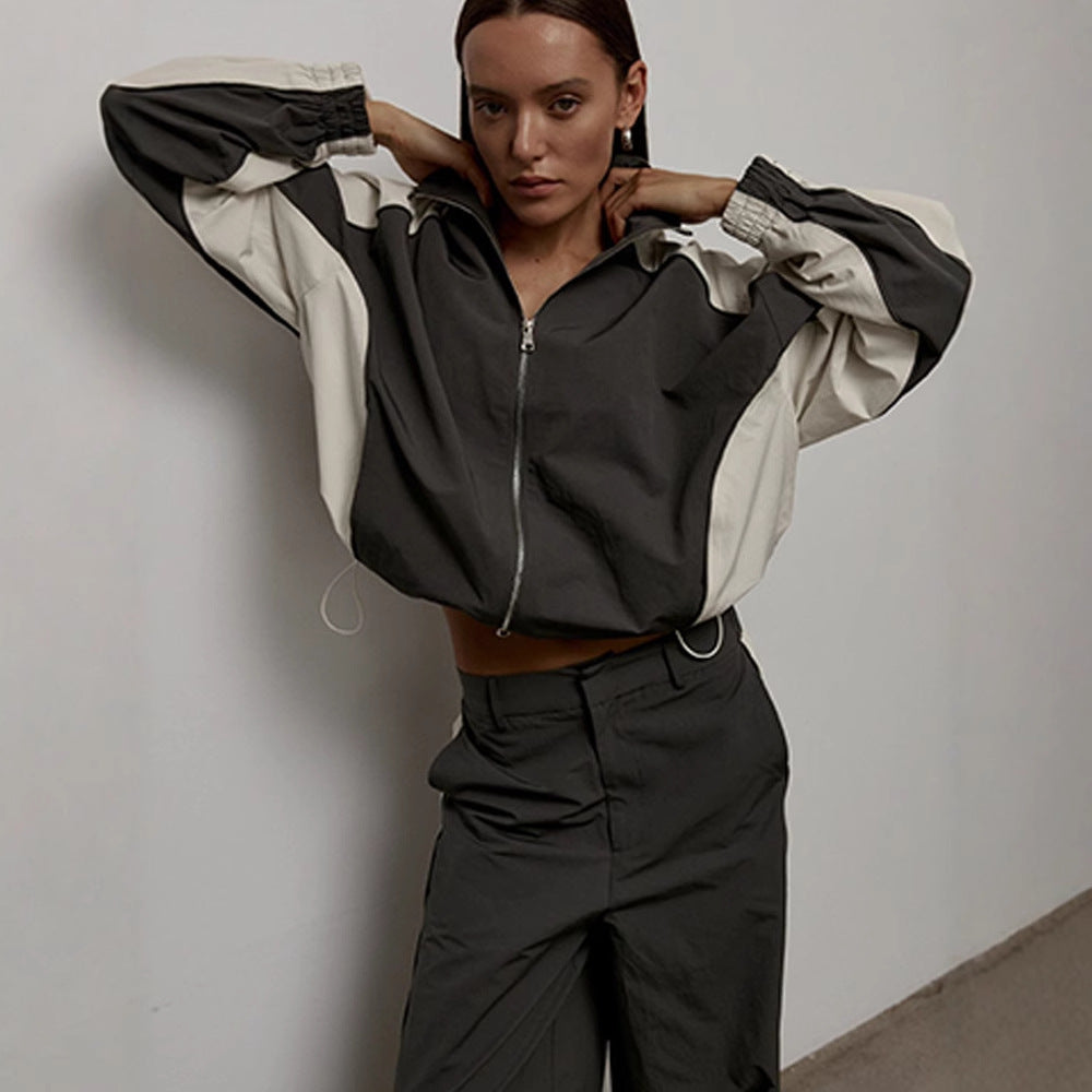 Casual Women's  Color-Blocked Drawstring Sports Jacket and Pants Set