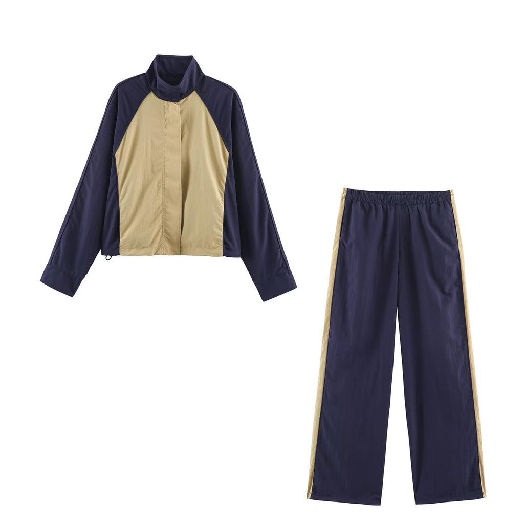 Zipper stand up collar patchwork color jacket+pants set for women