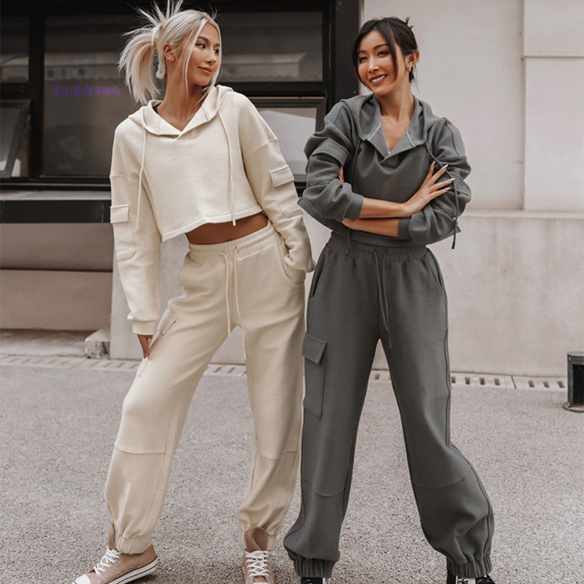 Casual Hooded Long Sleeve Pocket Tracksuit Set for Women