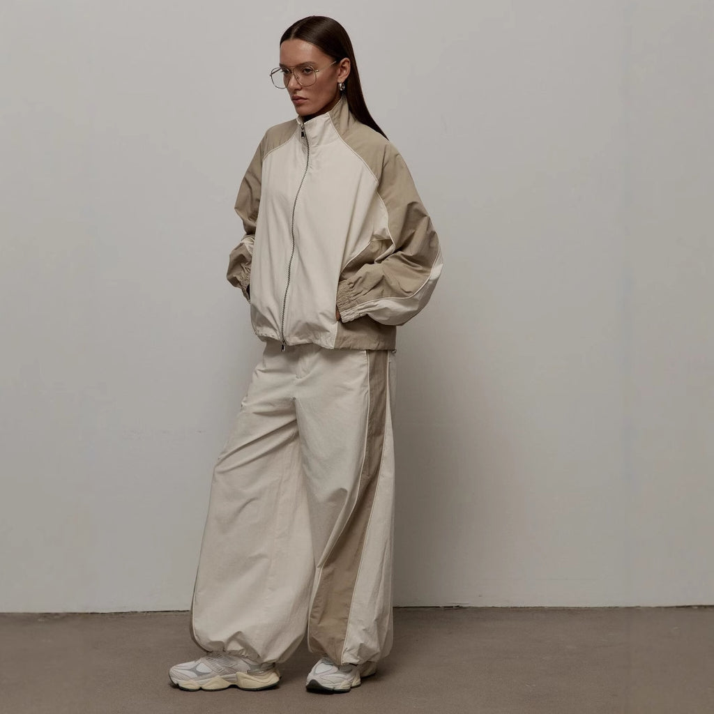 Casual Women's  Color-Blocked Drawstring Sports Jacket and Pants Set